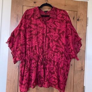 Torrid Floral tie waist Tunic Blouse Womens 3 button front Sheer bell sleeve